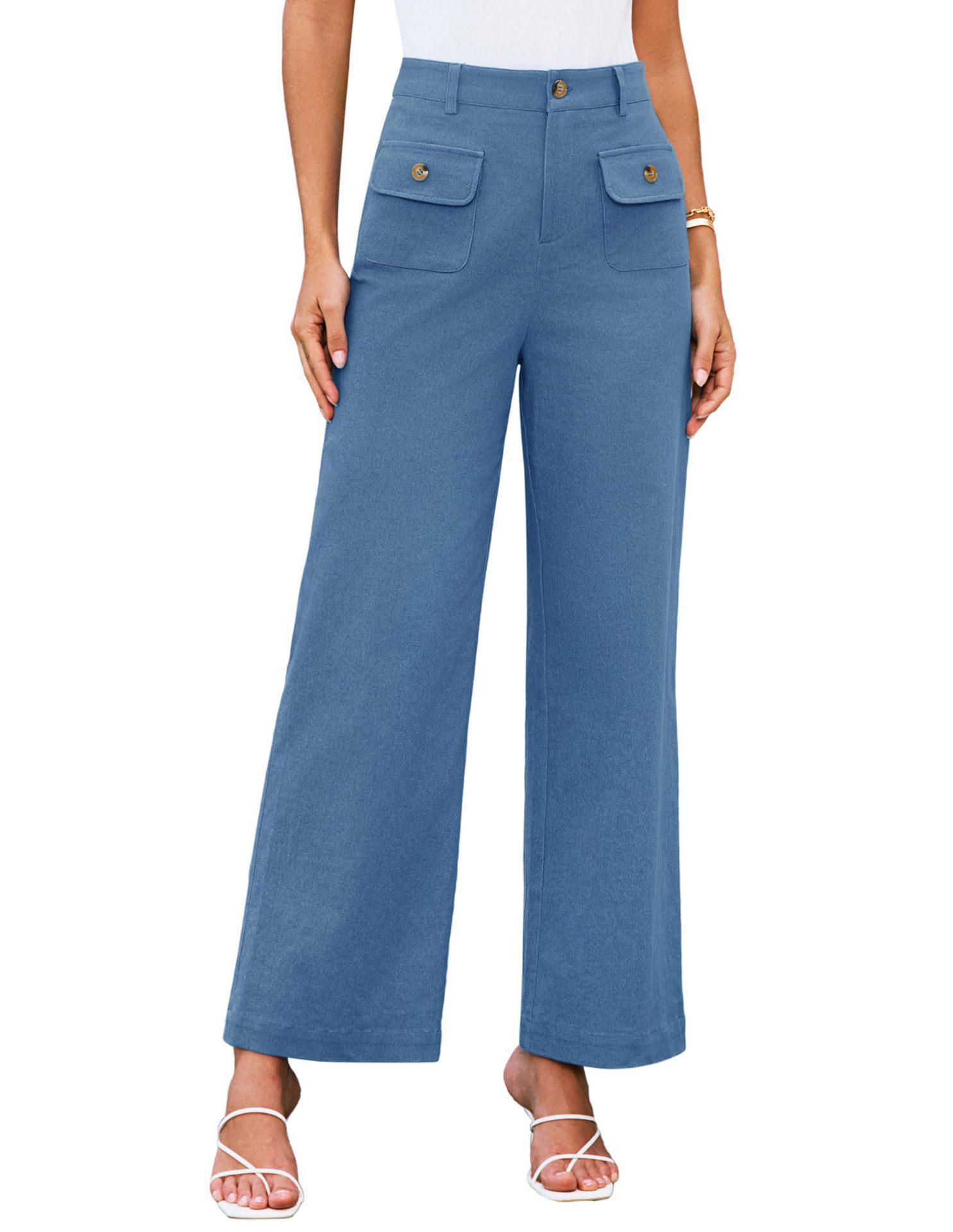 

Women s High Waist Wide Leg Pants with Side Pockets and Snap Button in 9 Colors XXL темно-синього кольору