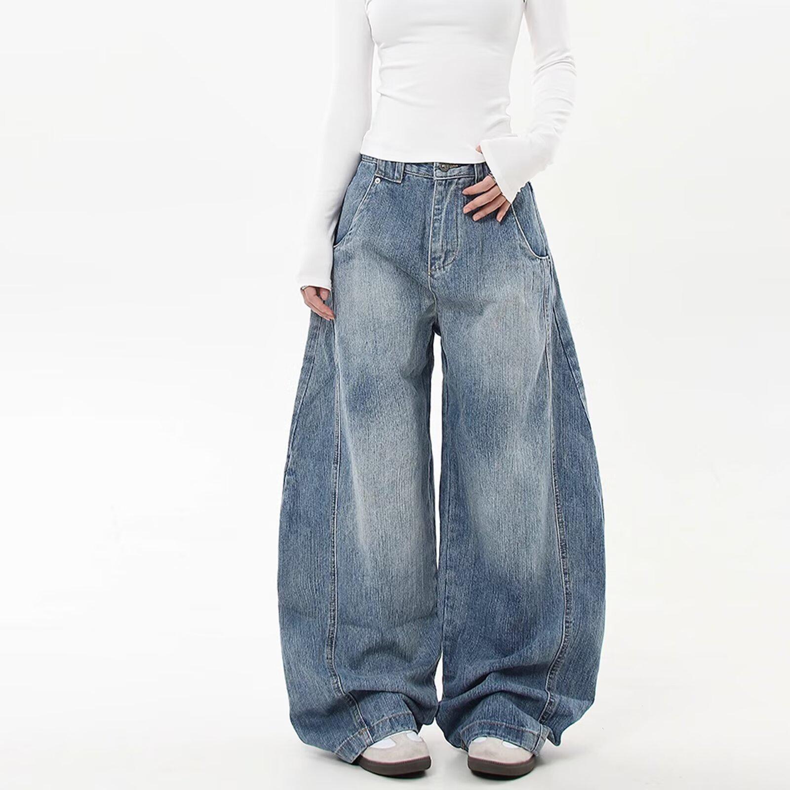 Unisex Retro Patchwork Straight-Leg Baggy Jeans Extra Large
