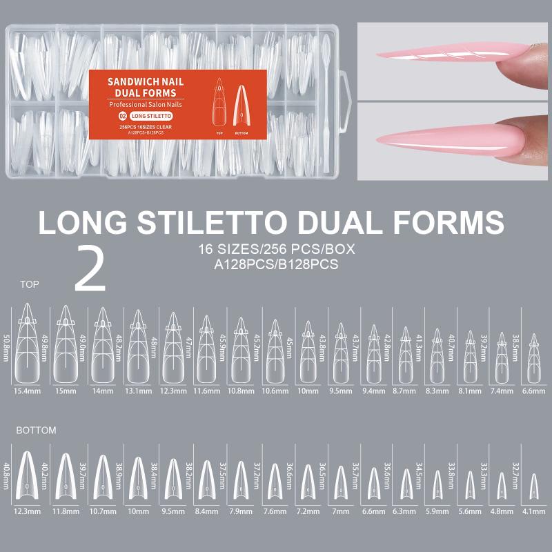 [JN] 256pcs Sandwich Dual Nail Form For Nail Extension Almond Coffin 16 Size Reusable Top Bottom Form Nail Art Extension Tool