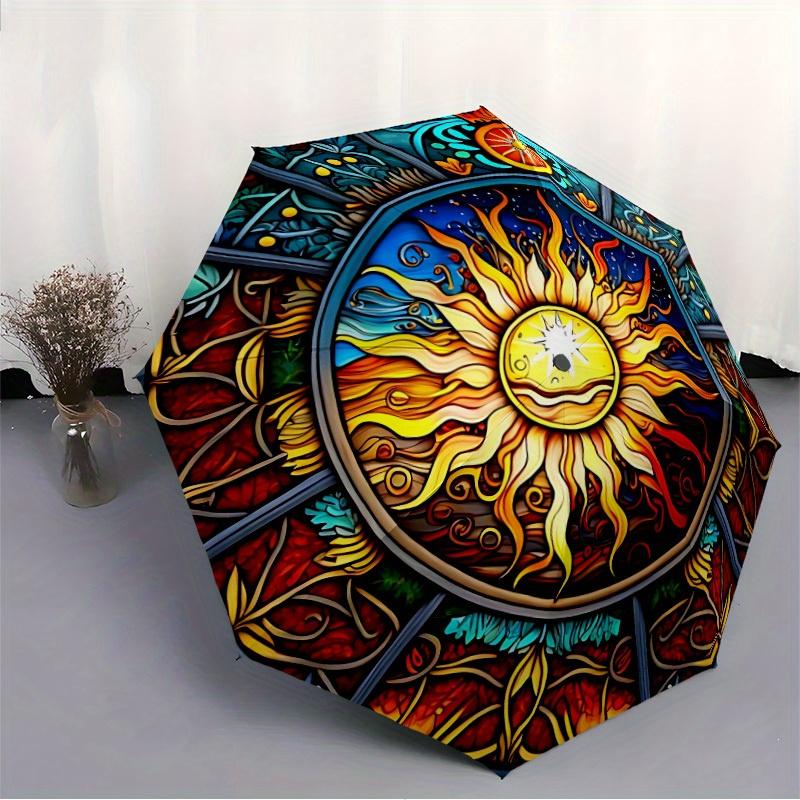 1 Stück Sonnenblumen-Mandala Automatisches Öffnen/Schließen Faltbarer Regenschirm mit 77 Speichen, Kunststoffgriff, Winddichter Tragbarer Sonnenschirm y250726117