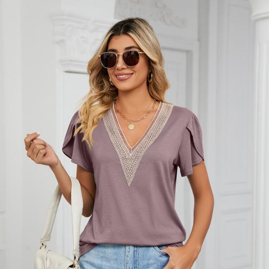 V-neck Petal Short Sleeve Women T-shirt Summer Golden Lace Stitching Loose Pullover Top Streetwear