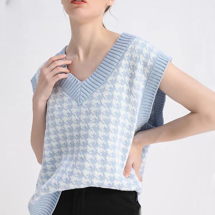 Women Fashion Oversized Houndstooth Plaid Knitted Vest Sweater Vintage Sleeveless Side Vents Female Waistcoat Chic Tops