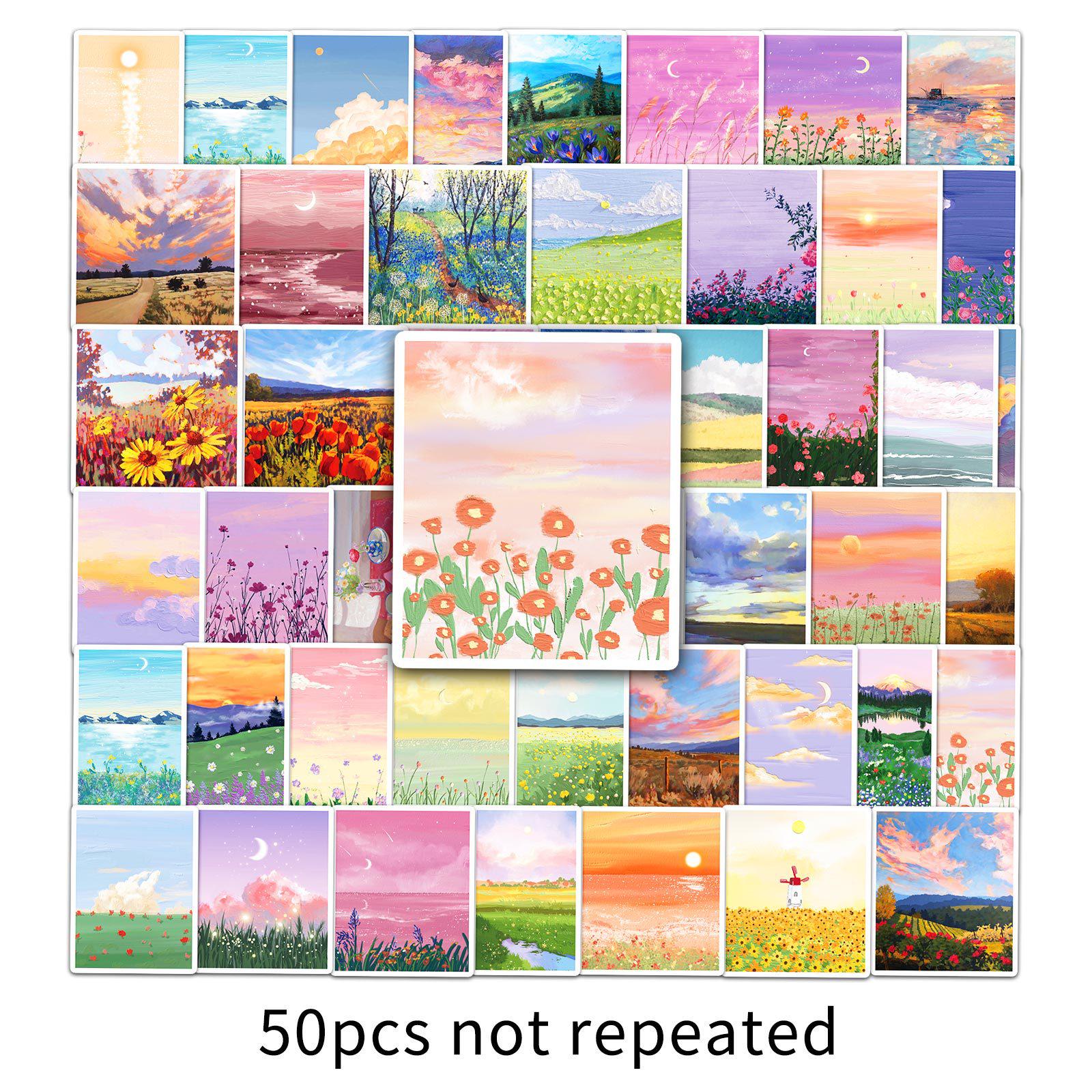 50 Landscape Oil Painting Scenery Stickers - DIY Healing Art for Notebooks & Cups