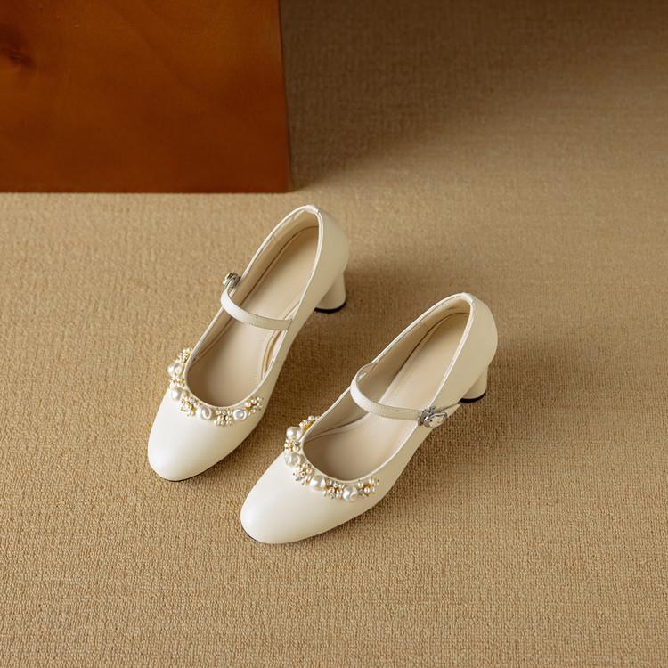 Great Good To Wear French Light Mouth Single Shoes Women's Spring and Autumn Pearl Round Head High Heels Thick Heel Leather Beige Mary Jane Shoes