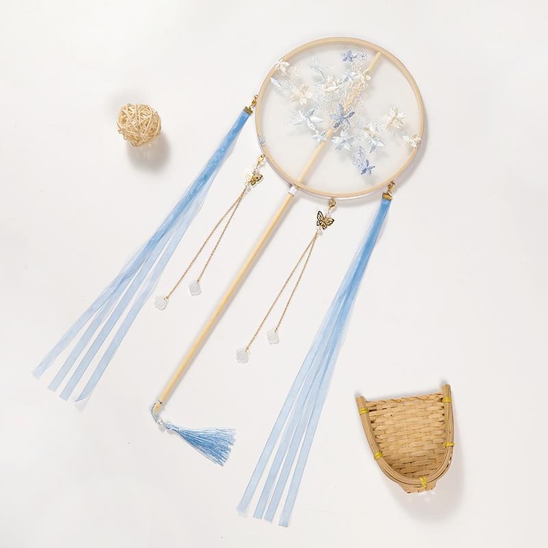 Children's Hanfu Catwalk Round Fan: Ancient Style Embroidered Long Handle Dance Fan with Ribbon