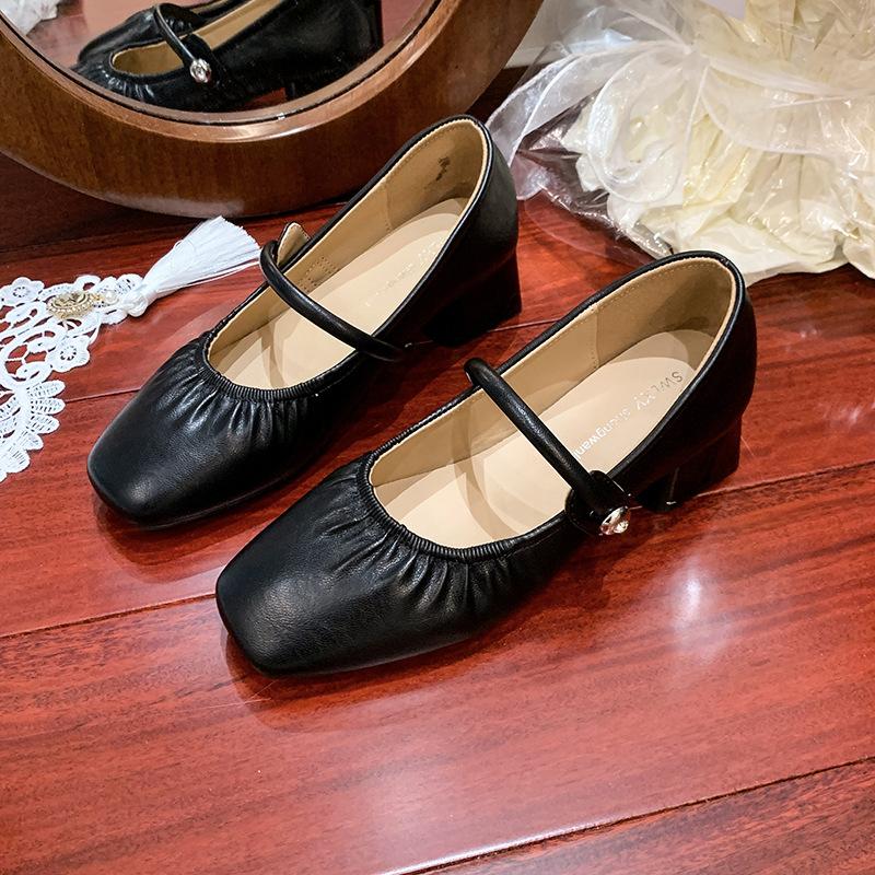 2025 neue Frühling- und Sommer-Dameneinzelchuhe mit quadratischer Spitze aus weichem Leder, dicker Absatz, mittlerer Absatz, Arbeitslederschuhe, Kunstleder-Damenschuh