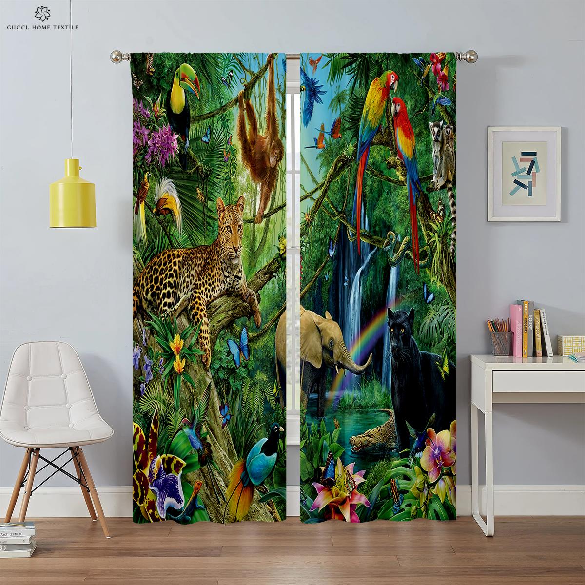

Cartoon Print Curtain Panels Tropical Vegetation Animal Cartoon Bedroom Living Room Kids Bedroom Ornamental Curtains W50xH130(CM)x2PCS&Grommet Top