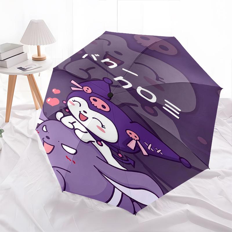 Kuromi Automatic Folding Umbrella-Simple 8-Rib Design, Bright Cartoon Pattern, Durable Iron Frame, Suitable For Travel, Outdoor, Beach-Cute