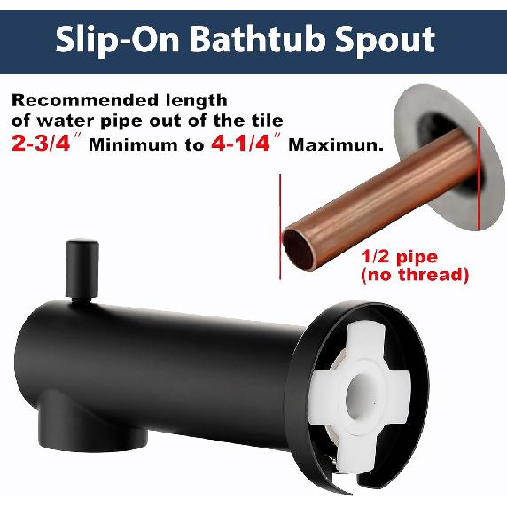 Kedra Tub Spout with Diverter, 6 Inch Slip-On Bathtub Spout, Replacement Tub Faucet with Pull-Up Diverter for 1/2" Copper Pipe, Matte Black