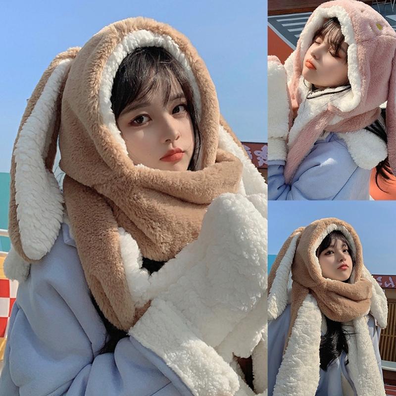 3in1 Winter Hat Glove Scarf Set Warmer Soft Plush Cartoon Rabbit Hat for Student