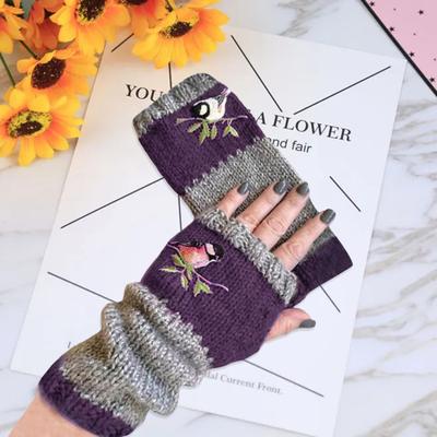 Yousheng 1 Pair Fall Winter Gloves Fingerless Knitted Bird Embroidery High Elasticity Non-slip Arm Warmers Colorblock Arm Sleeves Keep Warm Windproof