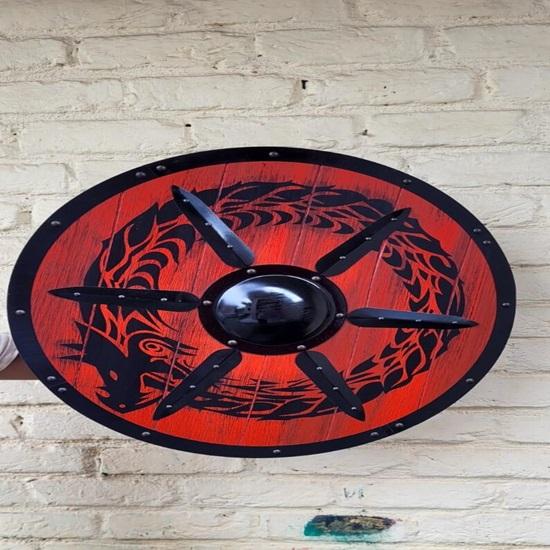 

Handcrafted Viking Dragon Shield Medieval Wooden Round Shield for Reenactment Display
