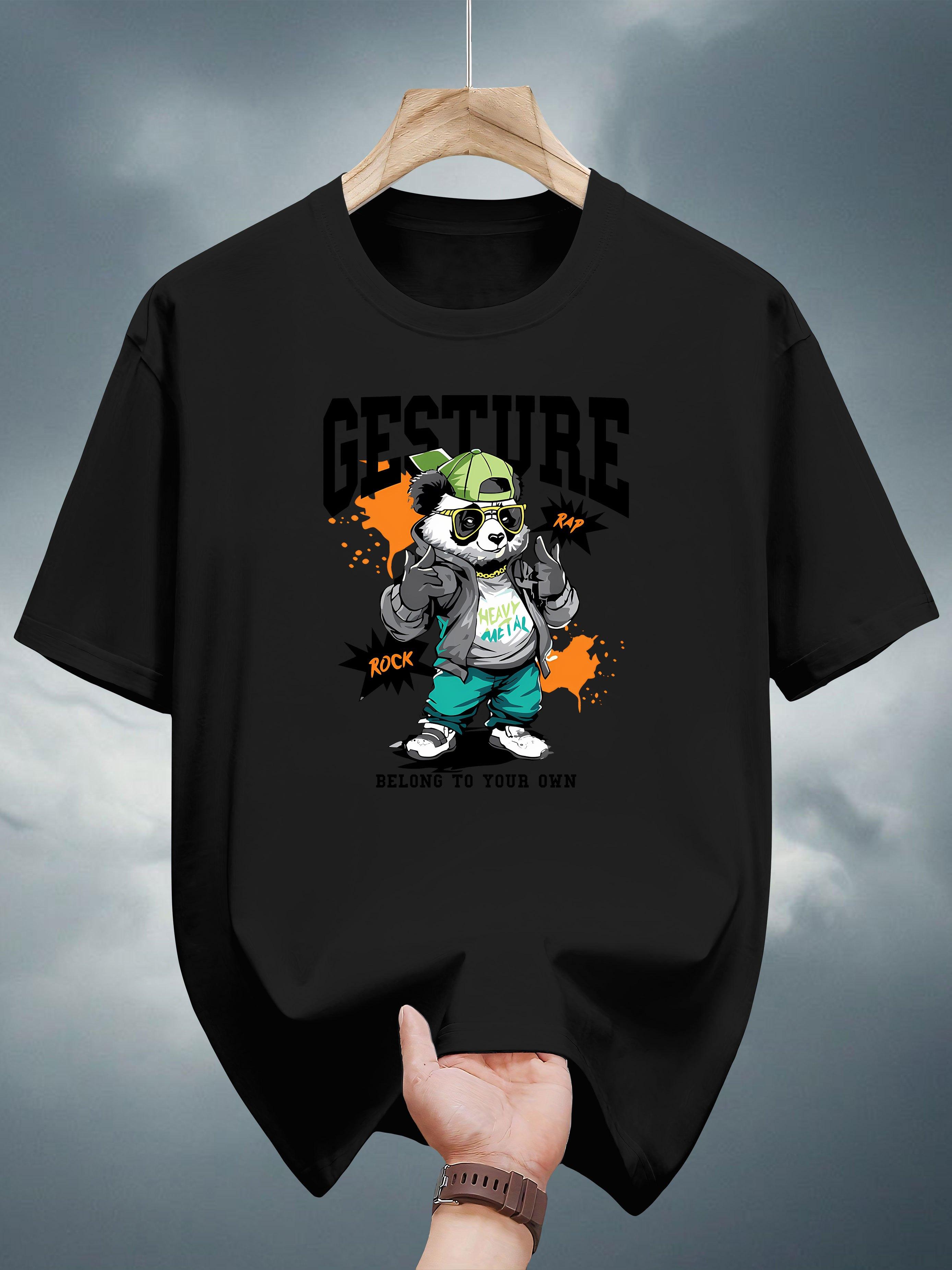 100% Cotton Graphic T-shirt - Casual Summer Tee with Panda & GESTURE Print S