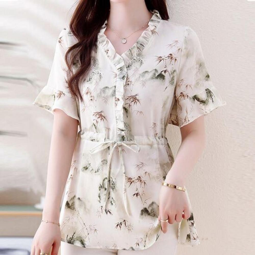 Navava Women Lovely Printing Frill Waist String Short Sleeve Blouse Nb3170