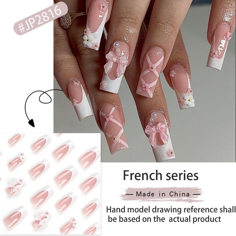 Moderne quadratische Press-on-Nägel 3D-Blumen-Schleifenmuster Künstliche Nägel DIY-Bastelarbeit Perfekt für die Maniküre