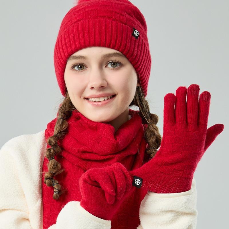 Winter warm scarf three-piece set outdoor cold-proof plush ball knitted hat scarf gloves 3-piece set