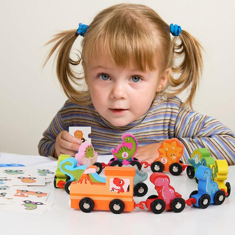 Children'S Educational Wooden Digital Small Train Early Education Enlightenment Dinosaur Assembly Drag Building Block Toy Car