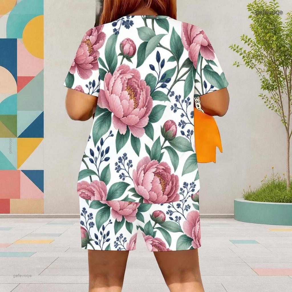Women Plus Size White Printed Round Neck Short Sleeve Top Pocket Shorts Two Piece Set