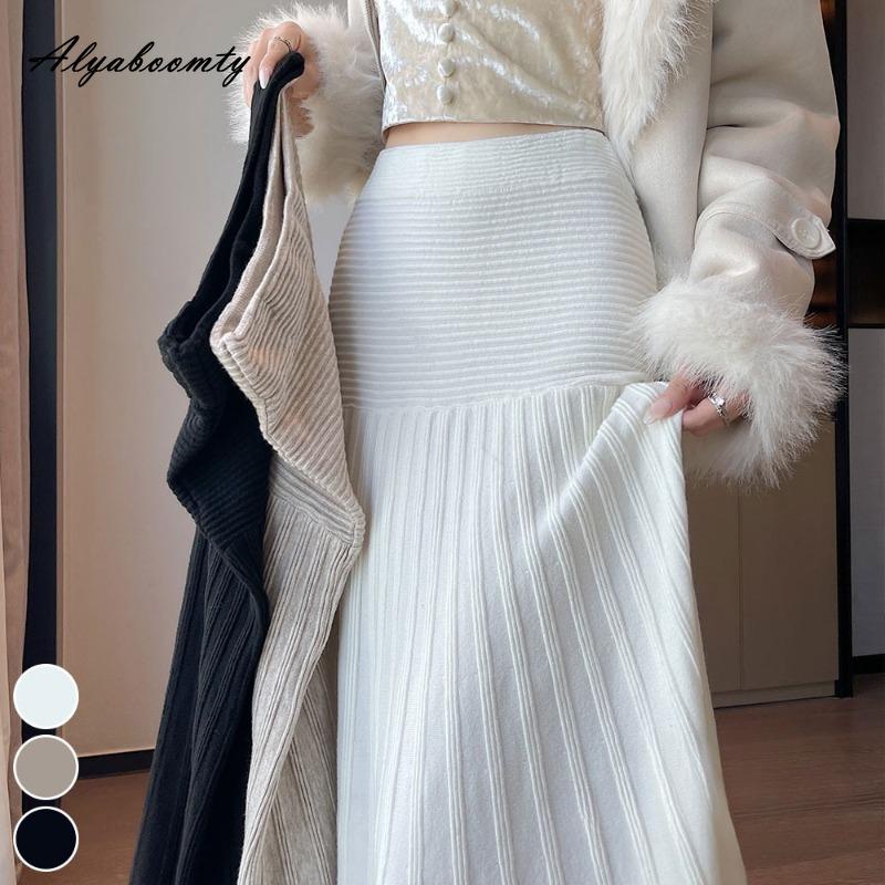 Korean Fashion Autumn Winter Women Pleated Skirt High Waist Beige Black Knitting Skirt Knitted Elegant Feminine Warm Skirts Womens