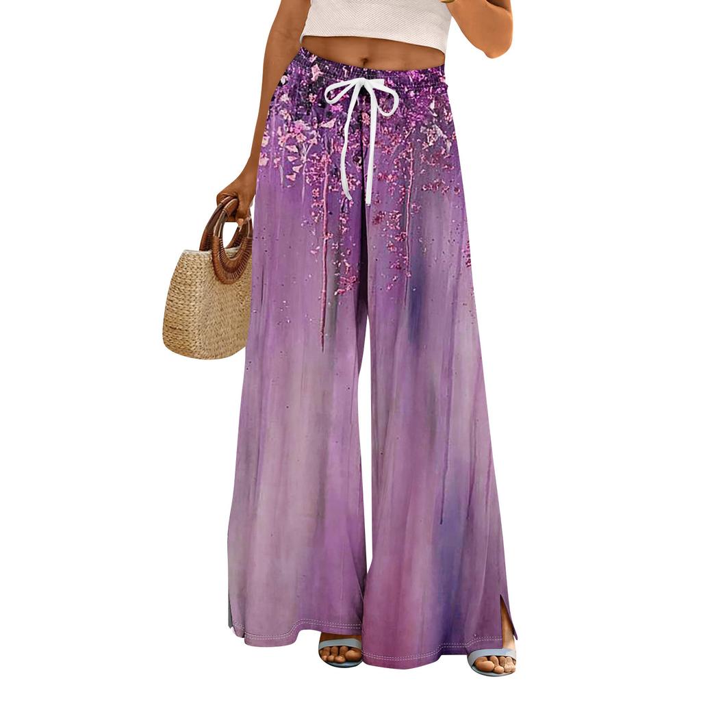 Women Summer Boho Palazzo Pants High Waist Wide Leg Floral Printing Casual Trousers With Pockets