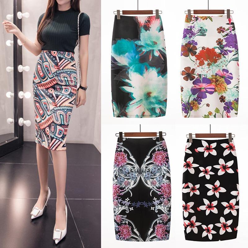 Elegant Hip Skirt Retro Floral Fashion Print High Waist Skirt Knee-length Summer Cool Short Skirt