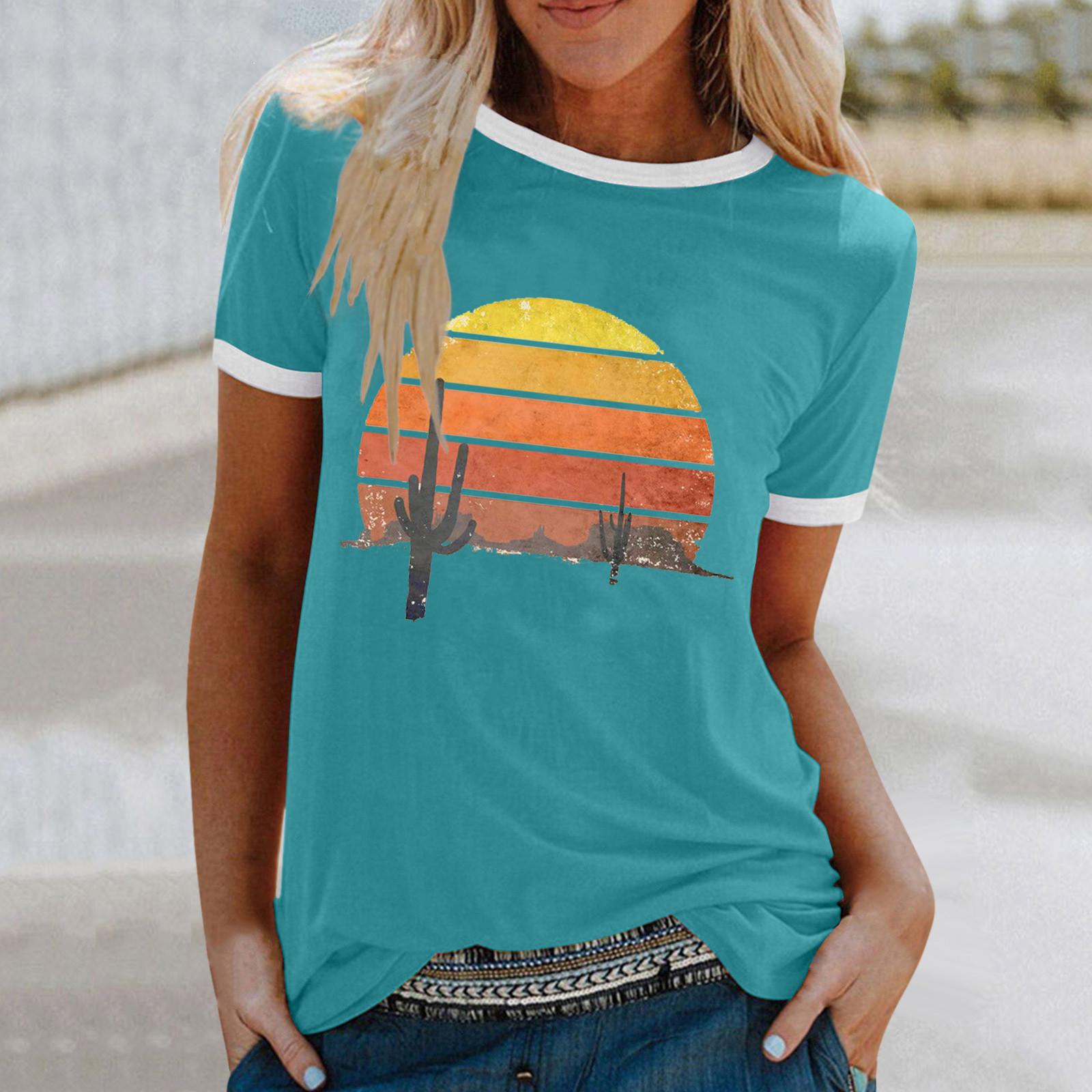 

Женская милая летняя свободная рубашка с коротким рукавом и круглым вырезом спереди, с коротким рукавом и принтом S синий