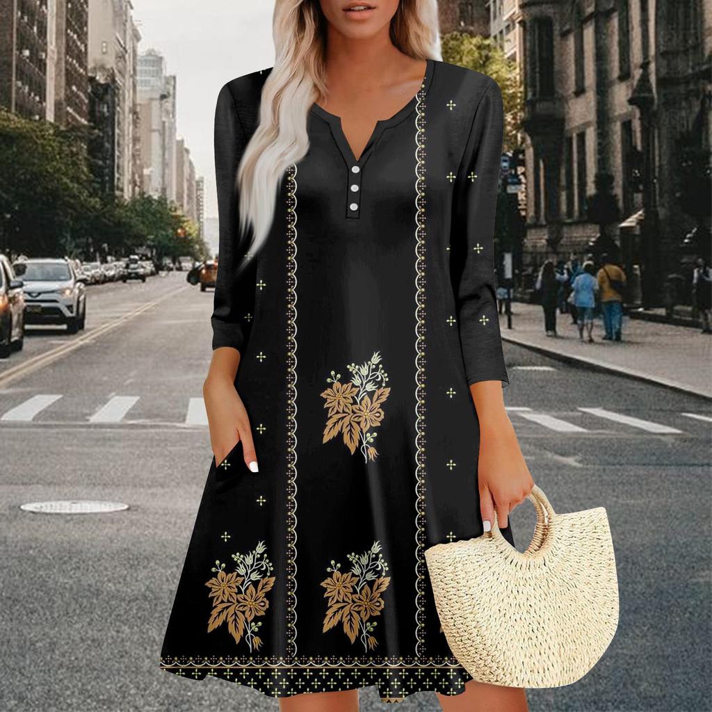 Women's Summer Dress Loose V Neck Three-quarter Sleeve Sundress With Pockets Dress