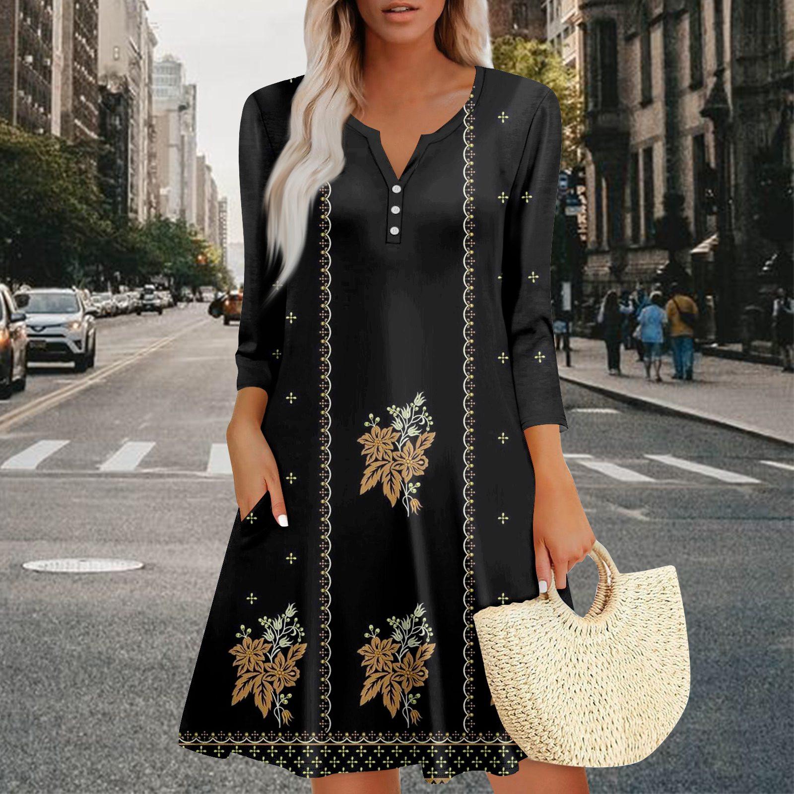 

Женское летнее платье, свободное платье с V-образным вырезом, рукавом три четверти и карманами M киноварь