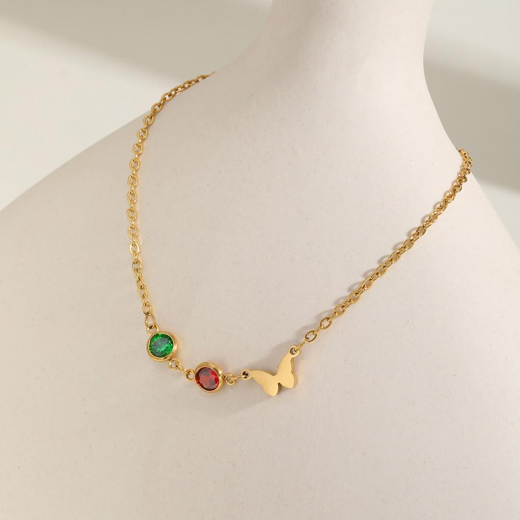 Bijoux Chaîne Plate en Acier Inoxydable Croix Zircon Rouge Vert Papillon Bracelet Doré Femme Br-2142
