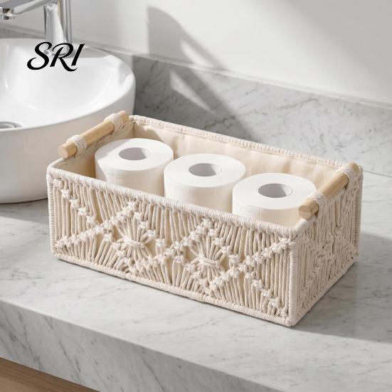 Neat Countertop Storage Box with Wooden Handles Large Capacity Basket Sturdy Frame Organizer Woven Design for Cosmetics And Sundries Space-saving