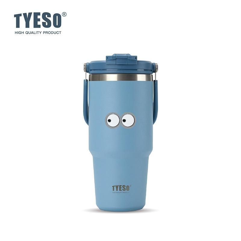 Tyeso 1050ML Vacuum Flasks Handle Dual-Drink Coffee Mug Stainless Steel Ice Cup Car Bottle Hot Cold Retention Large-Capacity with Eye Sticker 1050ML синий