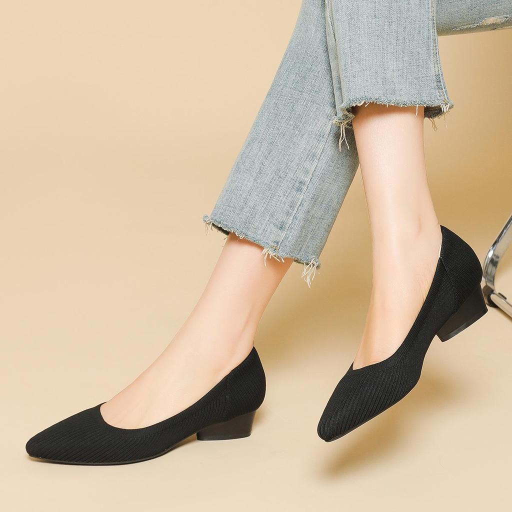 B35-3 Pointed Toe Low-Cut Chunky Heel Breathable Plus Size Striped Knit Shoes