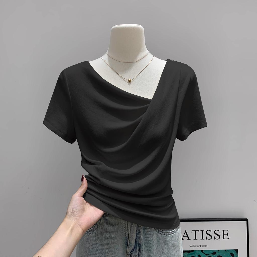 Gentle folds irregular one-word collar off-the-shoulder short-sleeved T-shirt women's summer new niche design top