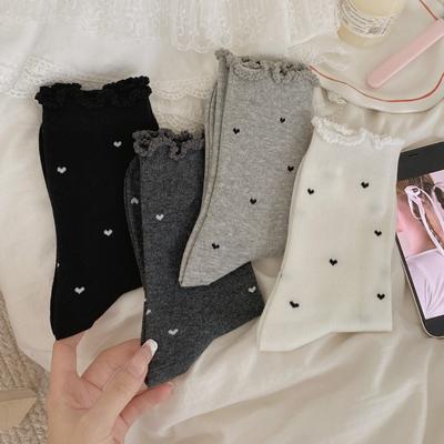 Damen Herbst und Winter Freizeit Einfach Allzweck Reine Baumwolle Einfarbige Liebe Hanf Spitze im Schlauch Rippensocken