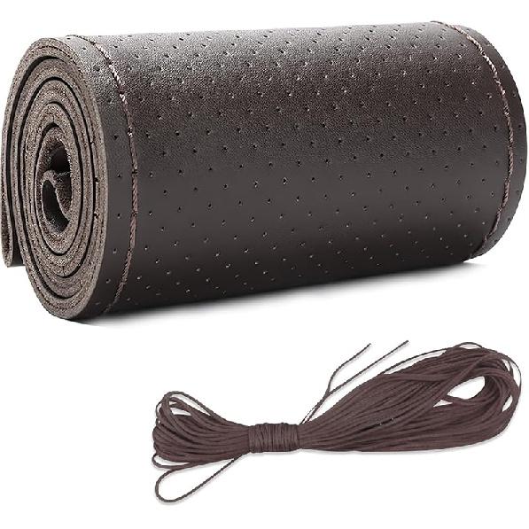 Leather Steering Wheel Cover, DIY Sewing with Needle & Thread, Breathable Anti-Slip Car Steering Wheel Protector, Universal 15 Inch Auto Steering