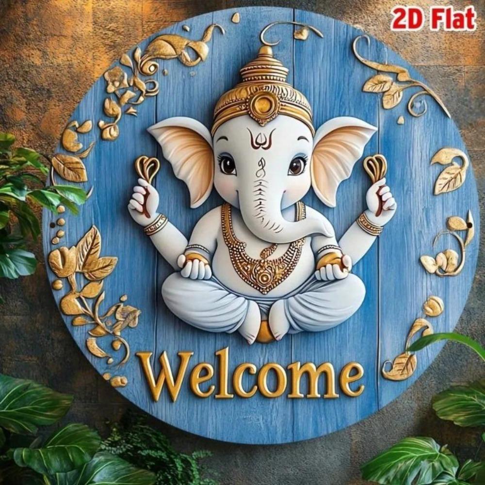 Vintage Ganesha Tin Art Wall Decor 2D Gold Design Hindu Home Office Welcome Sign Gift