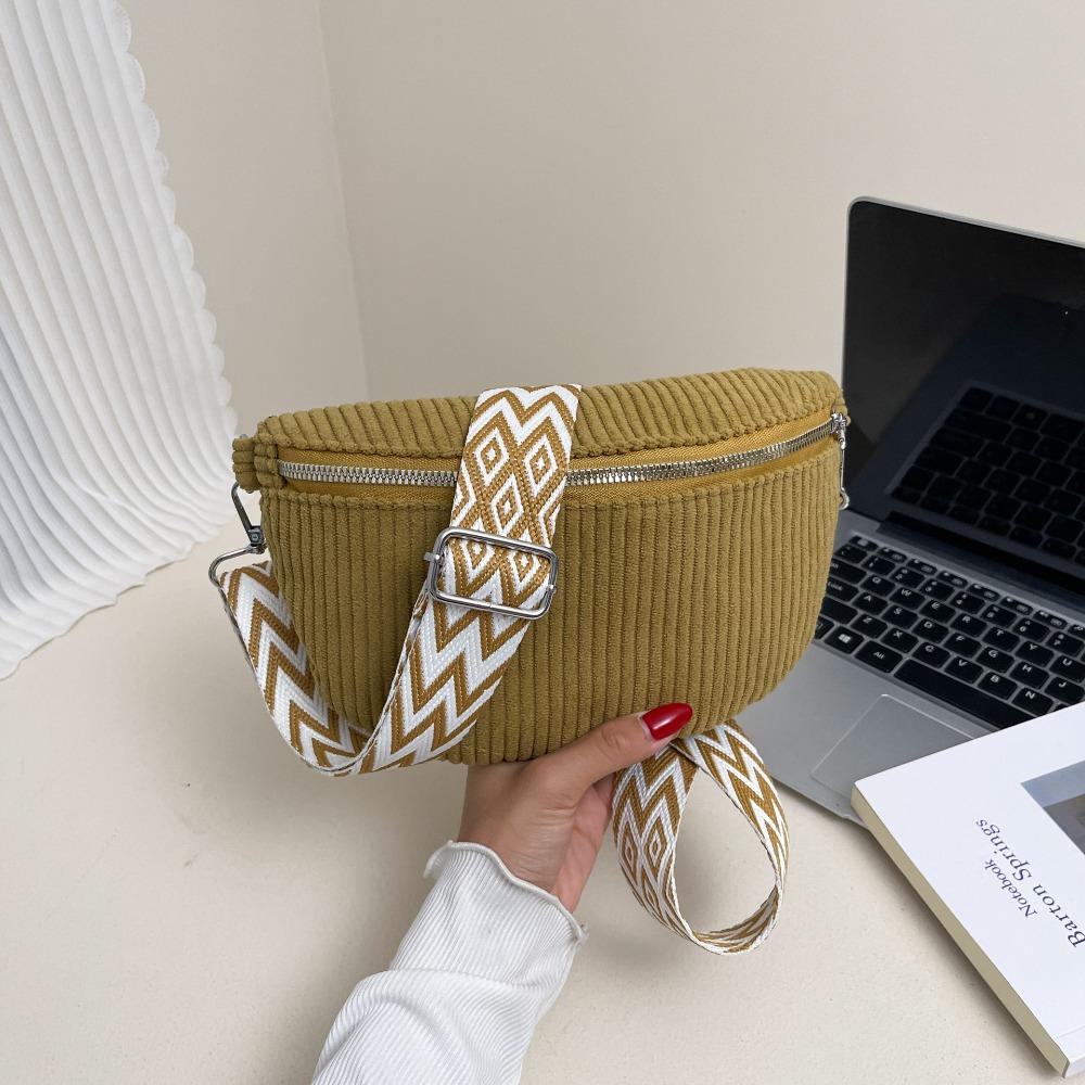 Fashion Corduroy Waist Bag Multi-pockets Zipper Crossbody Bags Wide Guitar Strap Shoulder Bags Outdoor