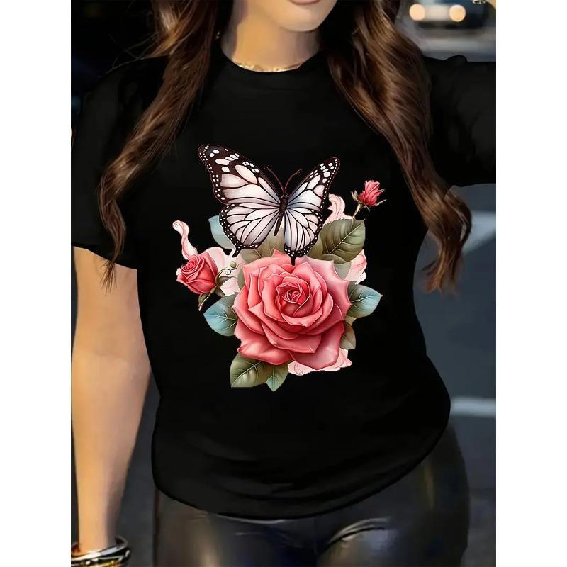Butterfly Rose Print Women's T-Shirt Casual Round Neck Short Sleeve Tee for Summer Women Daily Casual Tops Clothing
