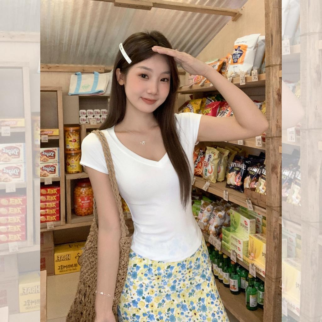 Tencel White V-neck Front Shoulder Short-sleeved T-shirt Women's Summer New Xiaofei Sleeves Slim-fitting Age-reducing Waist Top