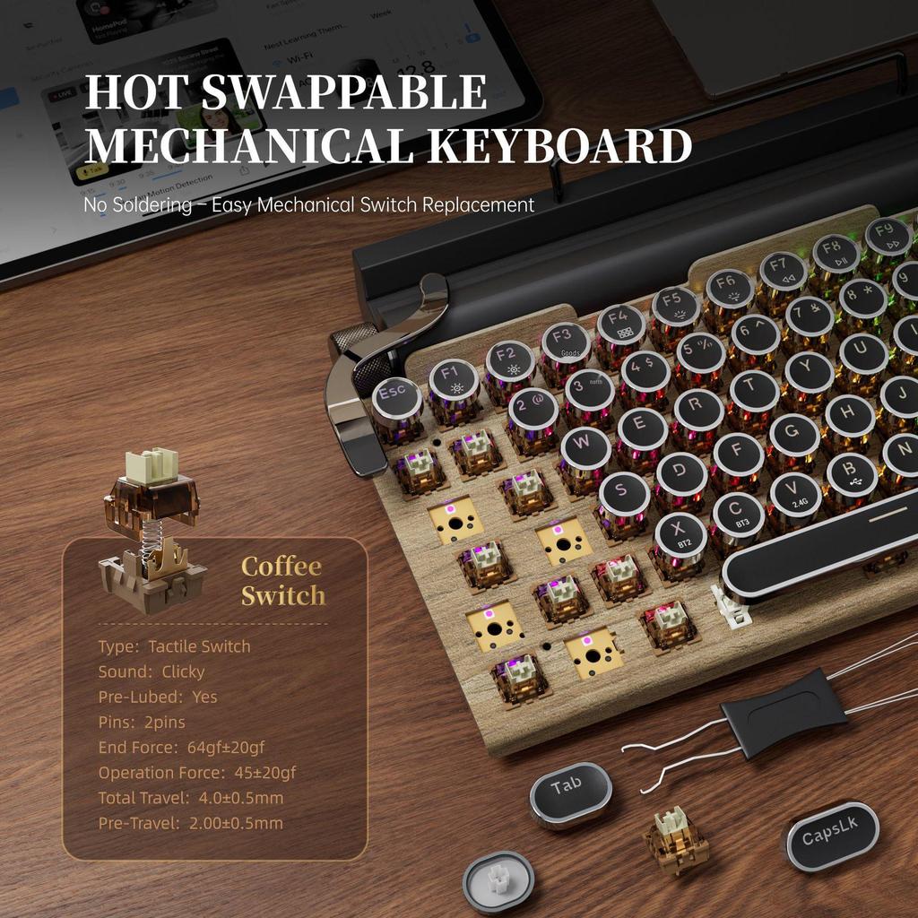 TW1867 Three-Mode Retro Bluetooth Mechanical Keyboard with Hot-Swappable Linear Switches and RGB Lighting