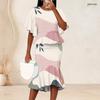 Women Plus Size Printed Round Neck Batwing Short Sleeve Ruffle Hem Top Fishtail Skirt Two Piece Set