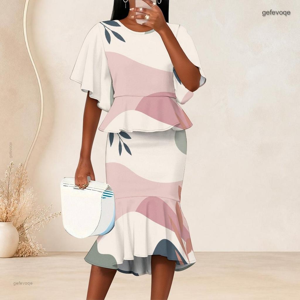 Women Plus Size Printed Round Neck Batwing Short Sleeve Ruffle Hem Top Fishtail Skirt Two Piece Set