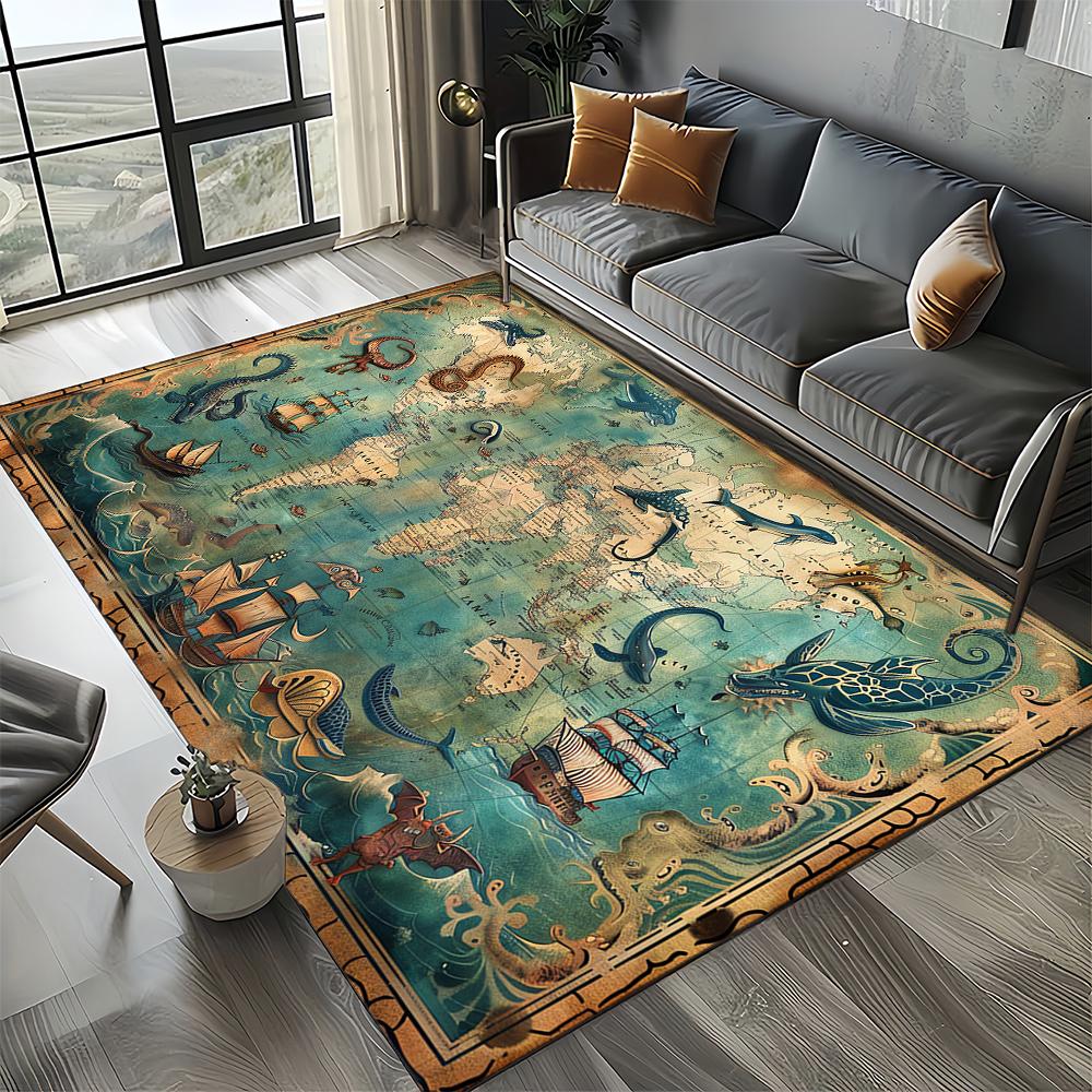 2025 New Style Retro Marine Nautical Chart Compass Carpet Rug for Home Living Room Bedroom Sofa Doormat Decor,Non-slip Floor Mat