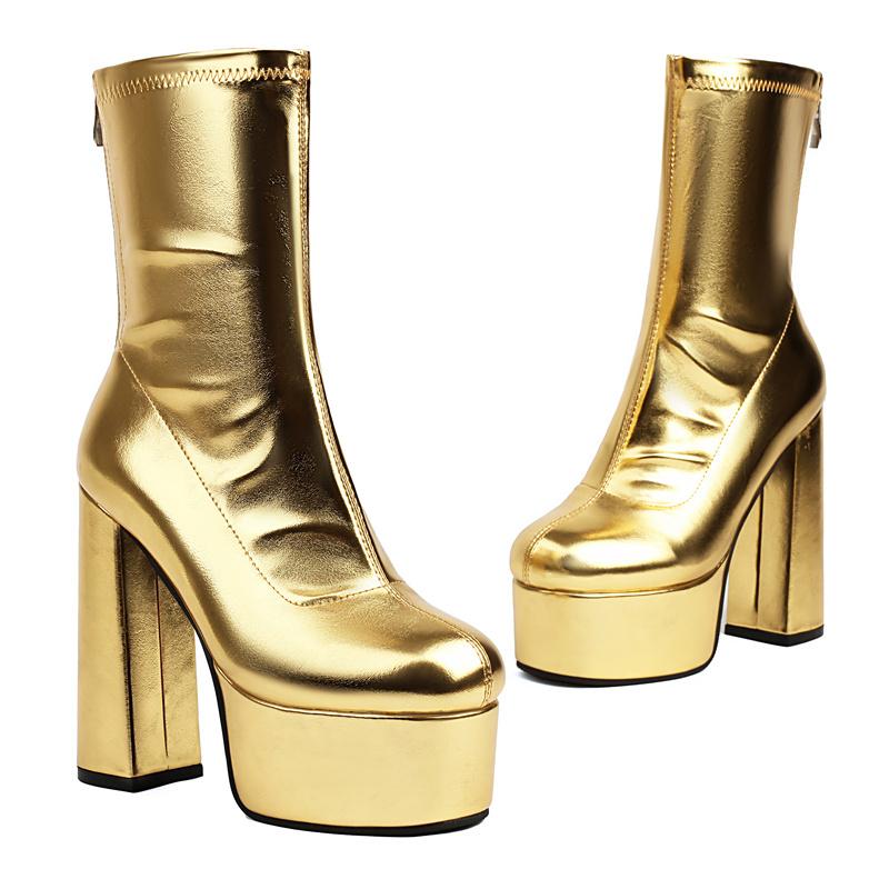 Gold Women Back Zipper Platform Ankle Boots Metallic Silver High Chunky Heels Winter Autumn White Dress Club Stretch Short Boots