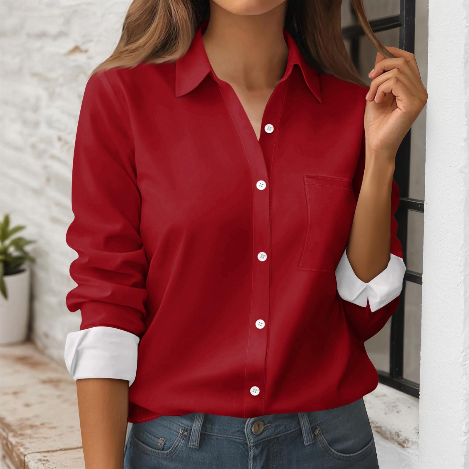 

Women s Button Down Shirt Long Sleeve Shirt Business Work Tops Casual With Pockets Jacket L червоний