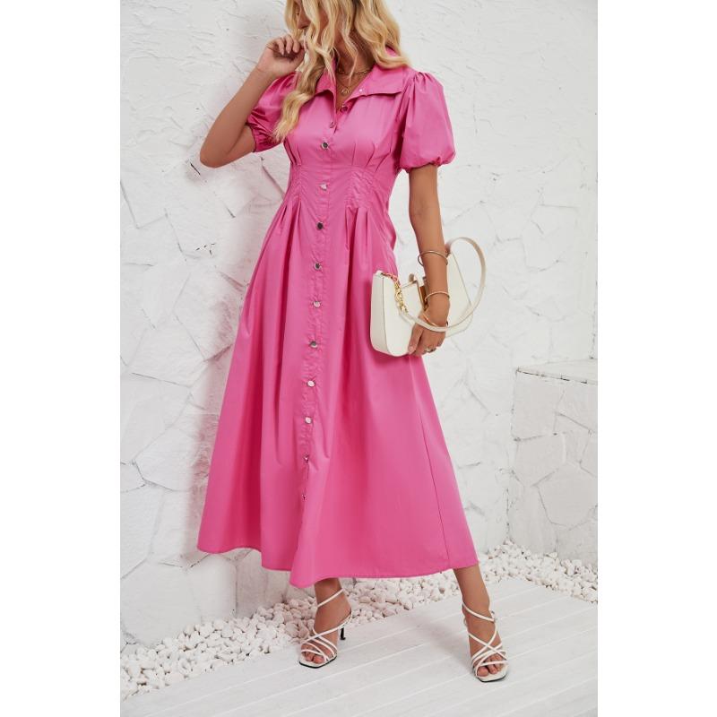 Women's Summer Casual Short-sleeved Button Waist Solid Color Long Shirt Dress