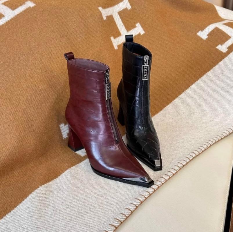 Fashion 2025 New Women's Leather Pointed Toe Ankle Boots High Heel Zipper Metal Fashion for Autumn Winter Shoes Fashion Sexy Party