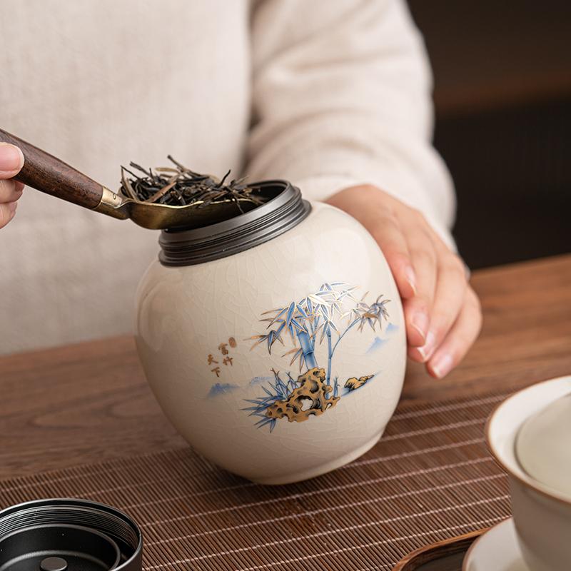 Ruyao Tea Pot Aluminum Alloy Lid Ceramic Sealed Pot Tea Bag Storage Box Tea Container Living Room Coffee Table Decorative Jar