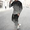 Men Black Cyan Half Split Brush Edge Print Long Sleeve Sweatshirt Jogger Pants Two Piece Suit