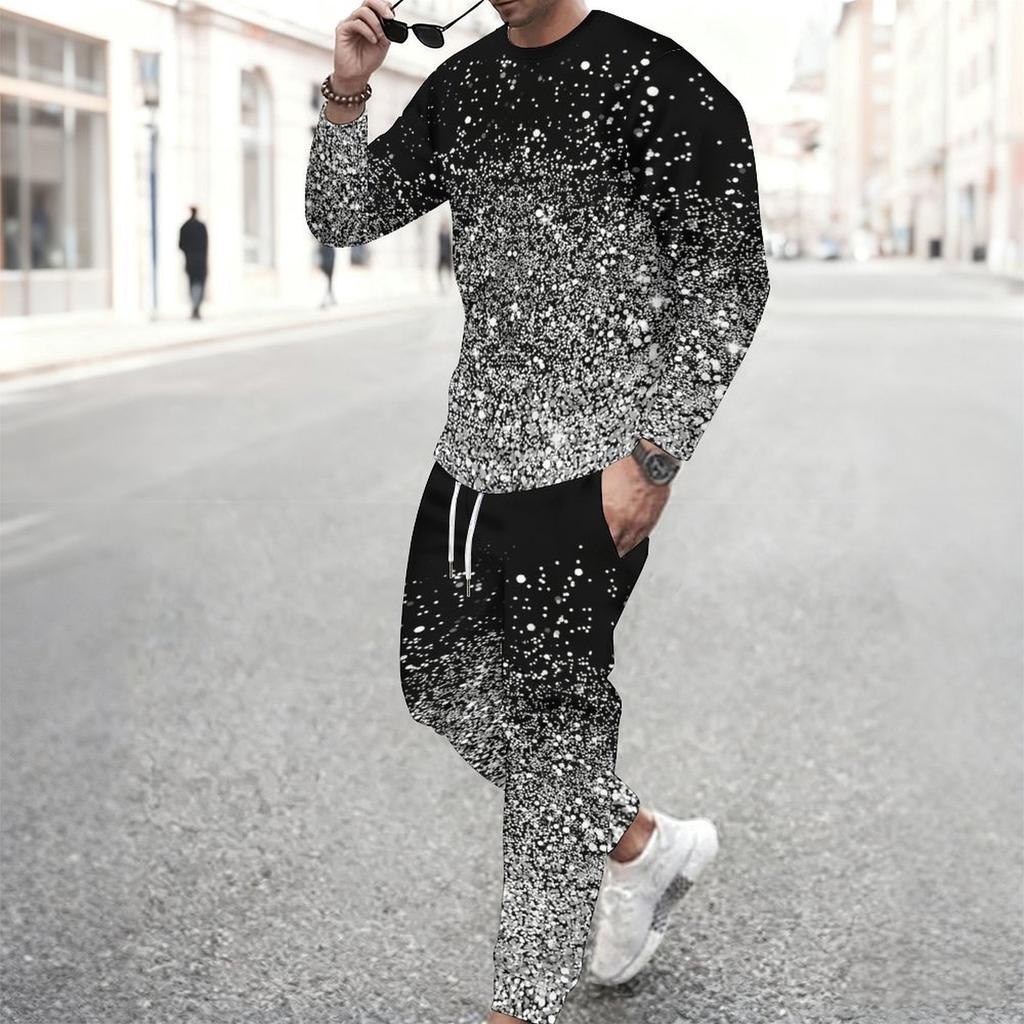 Men Black Cyan Half Split Brush Edge Print Long Sleeve Sweatshirt Jogger Pants Two Piece Suit